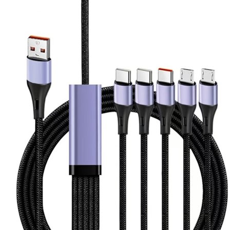 5-in-1 66W USB-latauskaapeli nailonia ja metallia puhelimille, tableteille ja laitteille