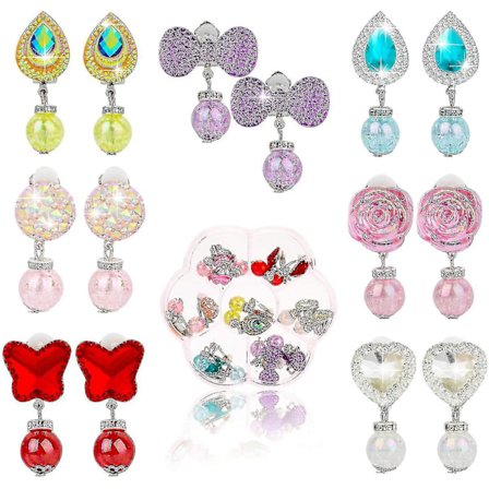 7 par klip-på øreringe til piger, øreringe uden piercing-design, udklædning, prinsesse-legesmykker, tilbehør til børn og piger