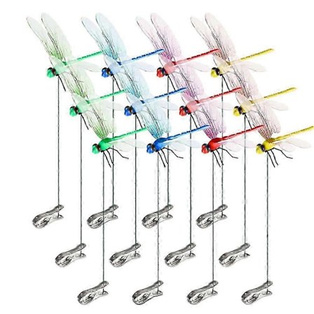 12 stk. kunstige øyenstikkerstangklemmer for utendørs bruk, 3D-øyenstikkerdekor til hagearbeid, 3D-øyenstikkerhage dekorative klemmer