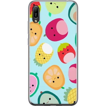 Kompatibel Mobilcover til Huawei Y6 Pro (2019) Mønster af kawaii frugter som jordbær citron ananas og avocado på lyseblå baggrund