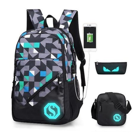 Multi-function Large Capacity Oxford Cloth Blue Grid Backpack Casual Laptop Computer Bag With External Usb Charging Interface & Shoulder Bag & Pen Bag