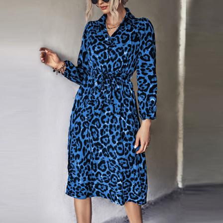 Dam Leopard Print Skjorta Klänning V-ringad Midi Klänningar
