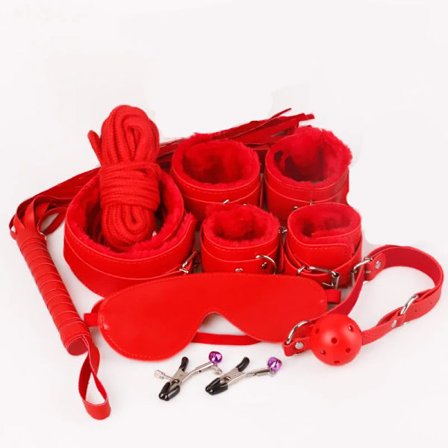 7 stk./sett Halsbånd Furry Fuzzy Seng Bondage Utstyr Sett Kit Ball Gag Mansjett Pisk Sexy Produkter Sexleketøy for Elskere 40#