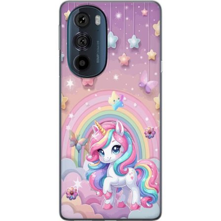 Kompatibel Mobilcover til Motorola Edge 30 Pro Magisk enhjørning med regnbue manke, stjerner og sommerfugle mod en pastelfarvet himmel med skyer