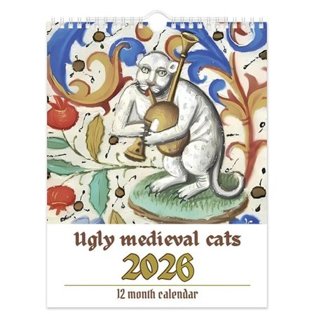2026 Outoja keskiaikaisia kissoja -kalenteri, erikoinen taide juhlistaa kissaeläimiä