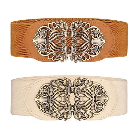 Damebredd Elastisk Midjebånd 2 stk Retro Dame Stretch Midje Kjolebelte, Brun Beige