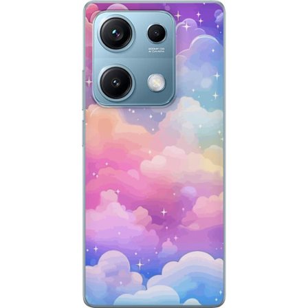 Kompatibelt Mobildeksel til Xiaomi Redmi Note 14S Søt enhjørning med regnbuefarget hår mot en stjernebelagt pastellbakgrunn i kawaii-stil