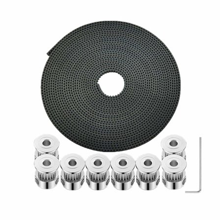 GT2 8 st 5 mm hål 20T aluminium kuggremshjul + 5 meter bred kuggrem med insexnyckel för CNC 3D-skrivare (Prusa i3, Kossel, Rostock, C Sunmostar