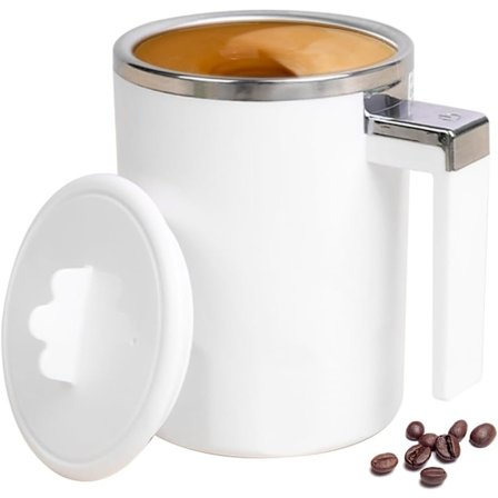 Automatisk blandekrus med låg, selvrørende kaffekop, USB genopladelig til kaffe varm chokolade mælk, hvid
