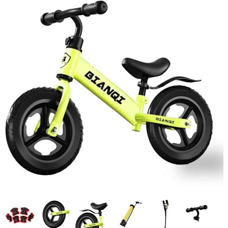 Balanscykel 12 tum, för barn från 2 till 5 år, med skyddshjälm, knäskydd och sidostöd.