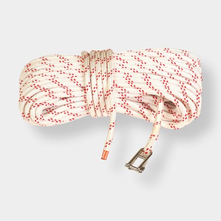 Großfall mit eingespleißtem Schlüsselschäkel Kaya Ropes Lupes Plain, Polyester-Kern, 24-fach geflochtenes Polyester-Mantel, weiß/rot, 30 Meter x Ø8 mm