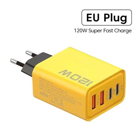 Total 120W Hurtiglader Type C Quick Charge 3.0 USB Lader AdapterKompatibel med iPhone Samsung Xiaomi PD USB Lader Hurtigladingsplugg EU Yellow
