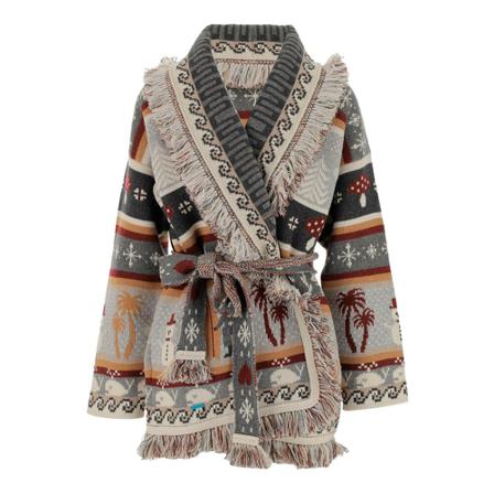 Alanui Cardigan made of cashmere and wool blend V-neck Fringed edges All-over jacquard pattern Over fit Grå, Dame Cardigans