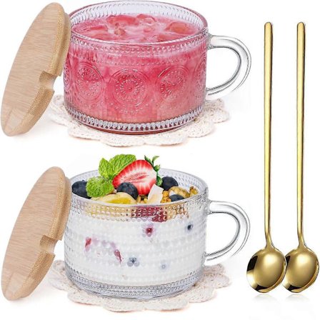 2-pak Vintage Kaffekopper, Klare Prægede Glas Drikke Te- og Kaffekopper til Latte, Morgenmadsprodukter, Yoghurt, Mælk