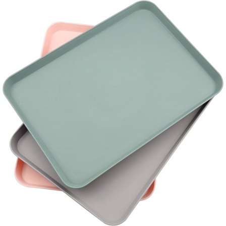 Pakke med 3 serveringsbrett i plast, plastbrett, små rektangulære brett for kjøkken, spisestue, kafé, (rosa, grå, grågrønn)