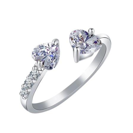 Silver Ring - Dubbla Hjärtan & Vita Cz Kristaller - Justerbar Vit One Size