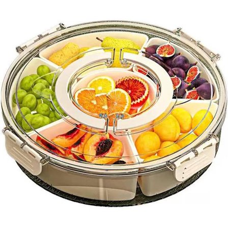 ING Separert Serveringsfat med Lokk og Håndtak Fruktskål 6 Rom Gjennomsiktig Roterbar Oppbevaringsboks for Kjøleskap Godteri Nøtter Fruktsnacks