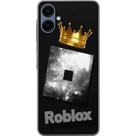 Kompatibelt Mobildeksel til Samsung Samsung Galaxy A06 Minimalistisk svart og sølvfarget Roblox-symbol med gylden krone og luksuriøs gamer-estetikk