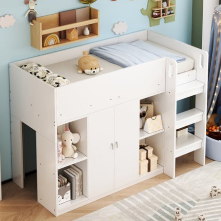 Multifunktionell loftsäng 90*200 med förvaringsutrymme, garderob och hyllor - Barnsäng med stege och stabil struktur Vit