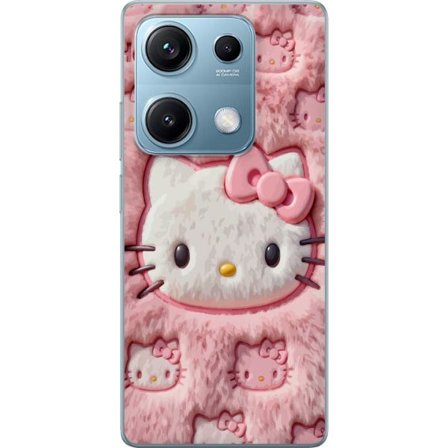 Kompatibel Mobilcover til Xiaomi Redmi Note 14S Hello Kitty lyserød fluffy baggrund med ikonisk ansigt og kawaii-æstetik