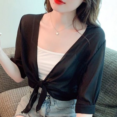 Halvärmad Chiffongsjal Tunn Kort Cardigan SVART XL