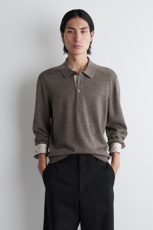 COS Men's Knitted Merino Wool Polo Shirt in Brown
