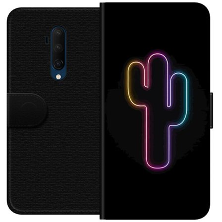 Kompatibel Tegnebogsetui til OnePlus OnePlus 7T Pro Neon illustration af kaktus i pink og blåt lys mod mørk baggrund