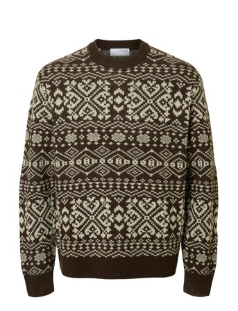Slhholger Ls Knit Jaquard Crew Neck Brown Selected