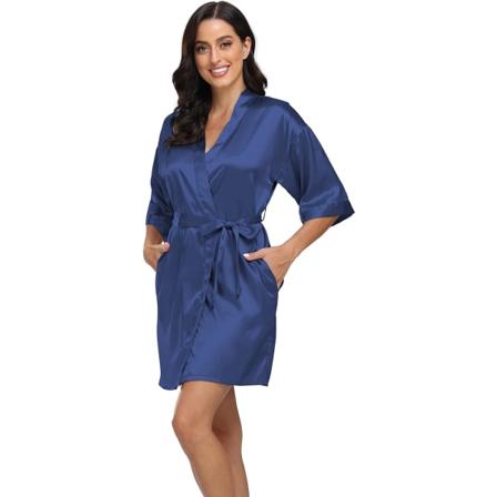 Bund Dam Satin Robe Silke Kimono Badrock Ren Kort Sexig Nattkläder Brudtärna Brud Fest Robes med Ficka Mörkblå XX-Large