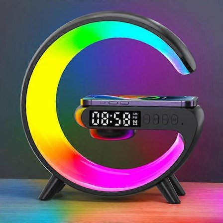 Multifunktionel Trådløs Opladningsplade Stativ Højtaler TF RGB Natlampe 15W Hurtigopladningsstation til iPhone Samsung Xiaomi Huawei - Perfekt Sort