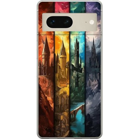 Kompatibel Mobilcover til Google Google Pixel 7 Fire magiske slotte i forskellige elementfarver, episk fantasykunst med ild vand luft og mørke i deta