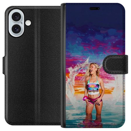 Kompatibelt Lommeboketui til Apple iPhone 16 Plus Blond kvinne i fargerik strandantrekk som leker i havet ved solnedgang