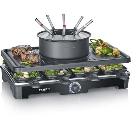 Raclette-Fondue combo - SEVERIN - RG2347 - 8 personer - Caquelon med 8 gafflar och 8 spatlar - Svart