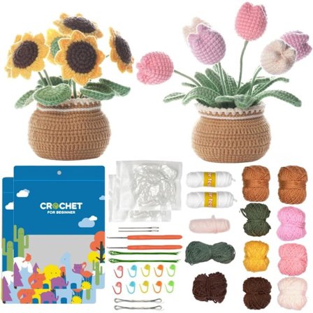 Surperfect Virkkaussetti Aloittelijoille - 2 KPL Tulppaani ja Auringonkukka Kukka Ruukku Virkkuu Neulesetti Vaiheittaisella Videolla