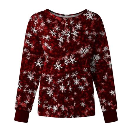 Kvinnor Snowflake Printed Button Down T-shirt Långärmad Tröja