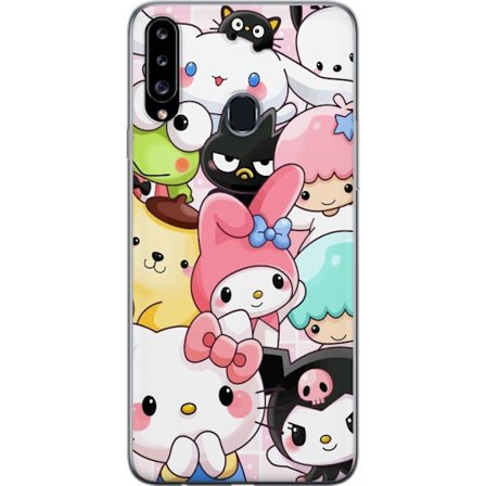 Kompatibelt Mobildeksel til Samsung Galaxy A20s Tett mønster av søte figurer med store øyne i ulike farger og uttrykk med LABUBU-tekst