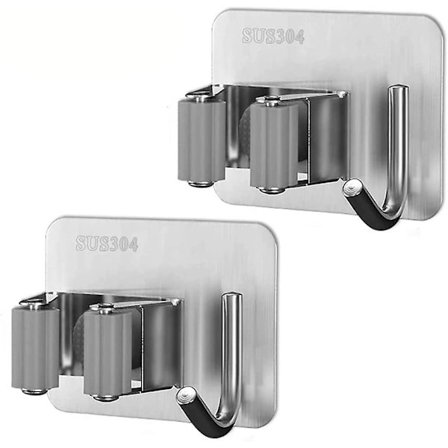 Mopp- och kvasthållare, 2-pack rostfritt stål väggmonterad självhäftande borsthandtagshållare med krokar