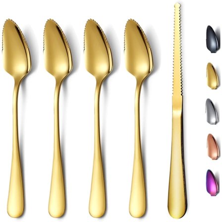 Golden Grapefruit Spoons 5-Piece Set, 4 Stainless Steel Grapefruit Spoons and 1 Titanium Plated Grapefruit Knife, Grapefruit Tool Set, Serrated