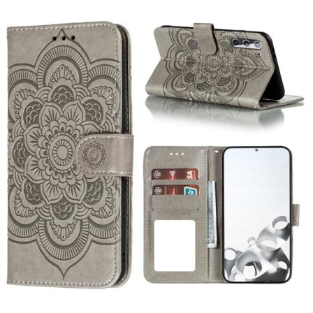 Samsung Galaxy S21 - Mandala Läder Fodral - Grå Grey Grå