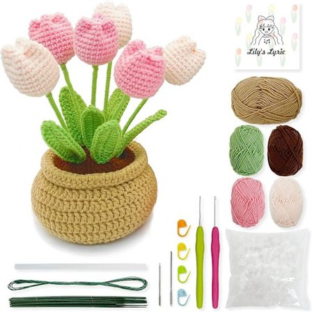 Hækling & Håndværkssæt | Hæklet Tulipan Blomsterpotte | Begyndervenlig For Voksne Teenagere | DIY Boligindretnings Gaveidé Pink