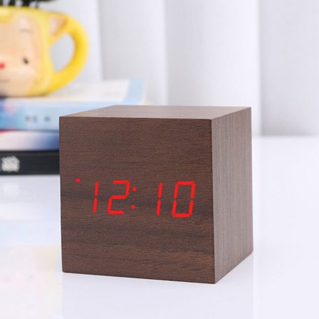 Vekkerklokke LED Klokkebord i tre Stemmekontroll Digital BRUN