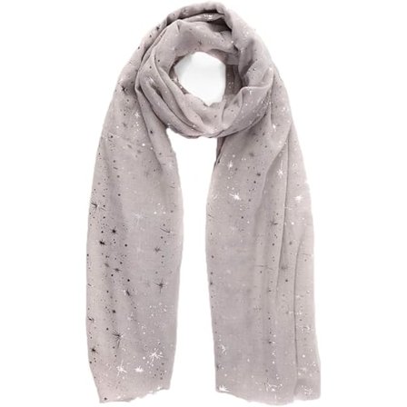 Kvällsstjärna Glitter Scarves för Kvinnor Lätt Sjal Bröllop Folie Tryckt Scarf Wrap Stjärnor och Månar, Ljusgrå Scarf Med Silverstjärnor