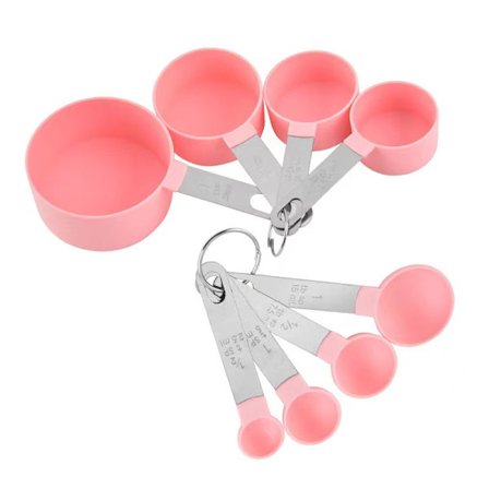 8-delt målesett med kopper og skjeer, nestbar, rustfritt stålhåndtak, egnet for både tørre og våte ingredienser.