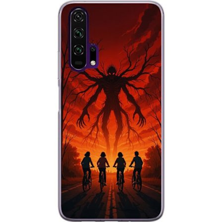 Kompatibelt Mobilskal till Honor Honor 20 Pro Mörk Stranger Things-inspirerad skräckillustration med röd himmel, monsterfigur och cyklande barn i