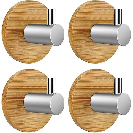 Selvklæbende Krog Vægkrog Selvklæbende Krog Badeværelse Køkken Kontor Dør, 4 Stykker (bambus og rustfrit stål, rund)