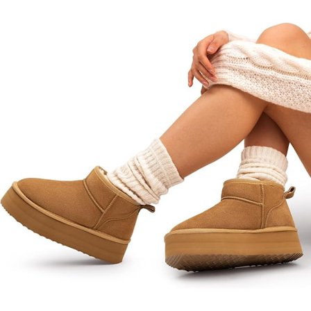 Klassiske plattform snøstøvler for kvinner Plattform Mini Støvlett Semsket skinn, Ankelstøvletter Vinterstøvler Lett Antiskli Yttersåle