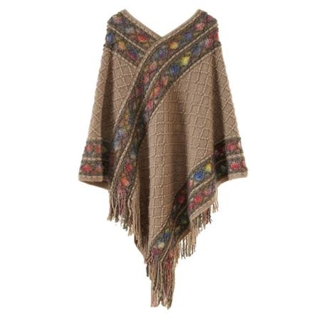 Mongolian poncho rombinen raidallinen tupsuhuivi KHAKI khaki