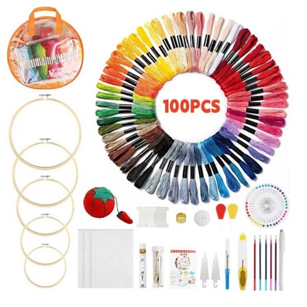 DIY væveværktøjssæt kompatibelt med cross stitch — 100 farvet polyester broderigarn sæt med 5 bambusrammer