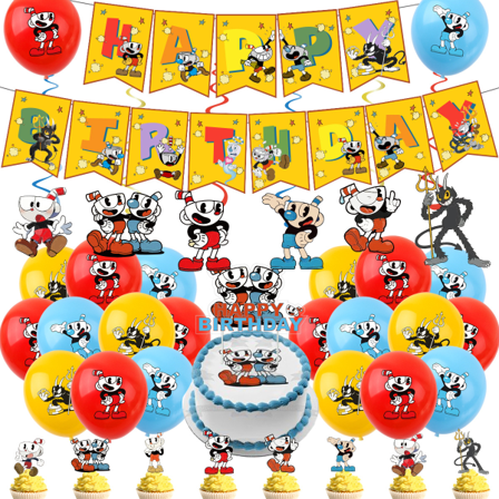 Cuphead-teemaiset juhlatarvikkeet, mukaan lukien onnittelupäiväsankari-banneri, lateksipalloja, riippuvia pyörteitä, kakunkoriste