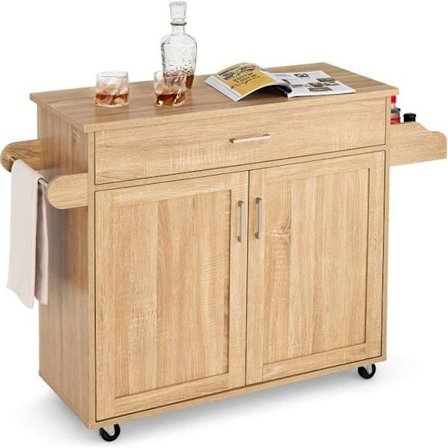 Køkkenvogn - COSTWAY - Vogn på hjul med stort skab og håndklædeholder - Naturel